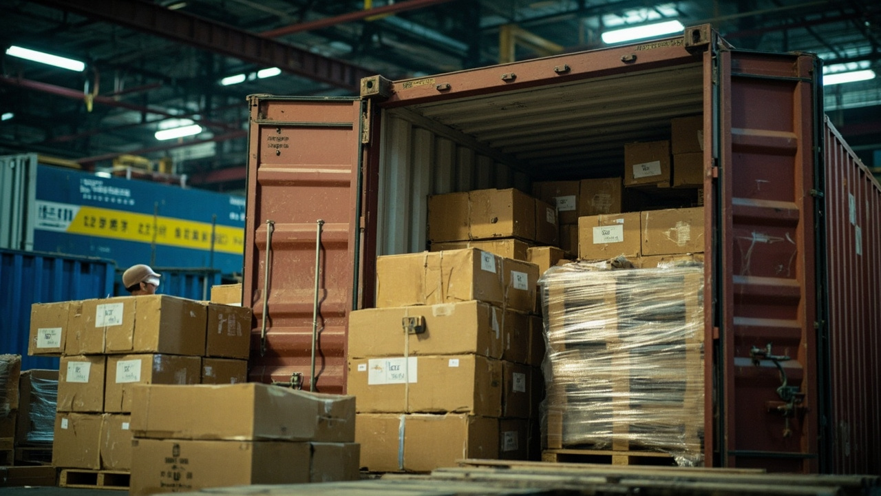 Building materials loaded into shipping container
