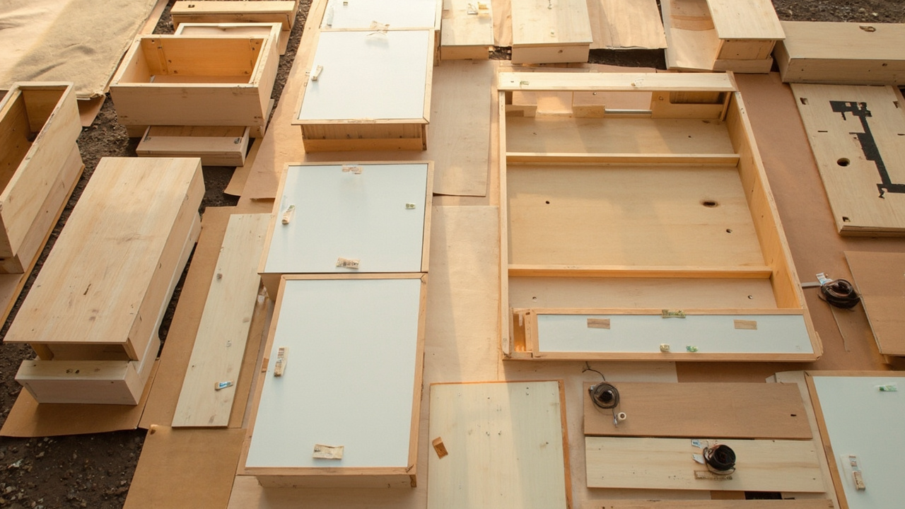 Flat pack cartons and fully assembled kitchen cabinets in a warehouse