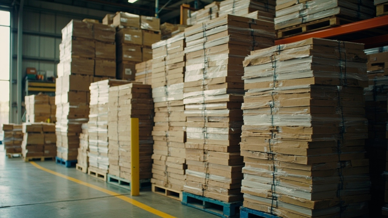 Stacks of ceramic tiles arranged for quality inspection in a Chinese factory