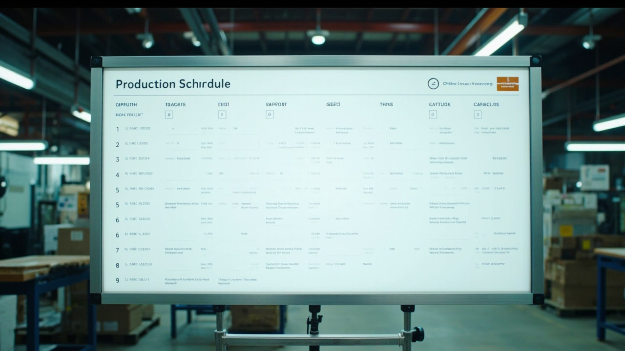 Production schedule whiteboard showing order milestones on a factory shop floor