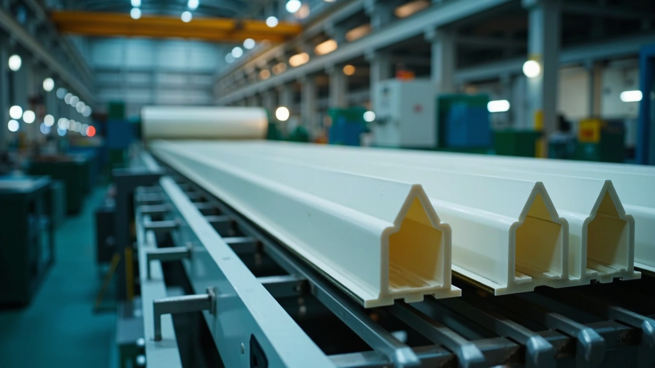Perfis de janela PVC cortados e soldados numa linha de produção em fábrica chinesa