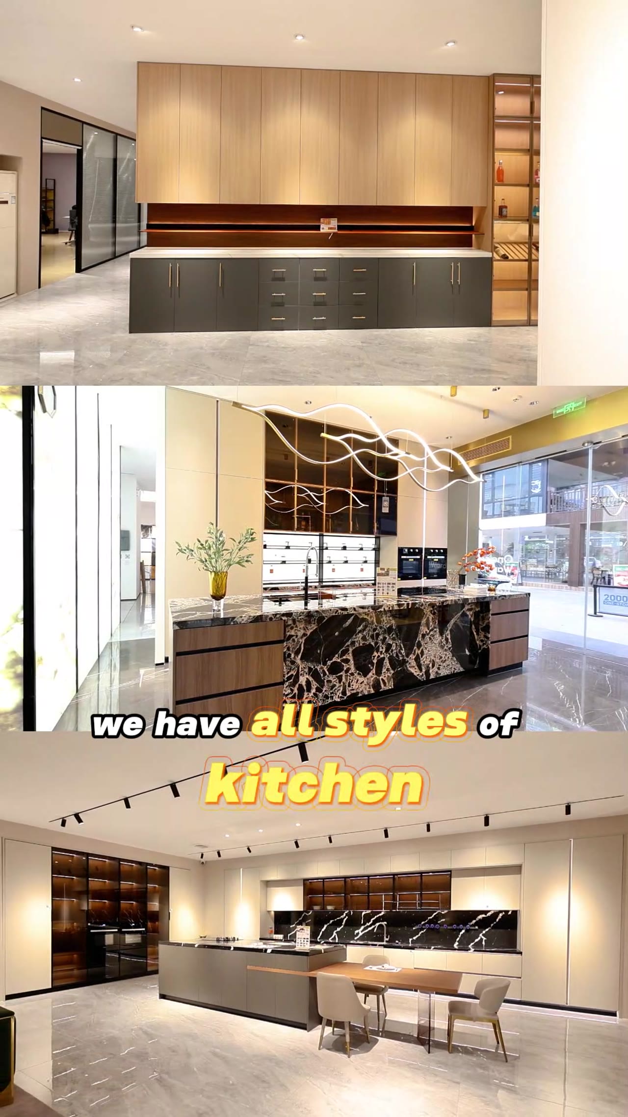 Three modern kitchen displays showcasing diverse cabinetry and stone countertops
