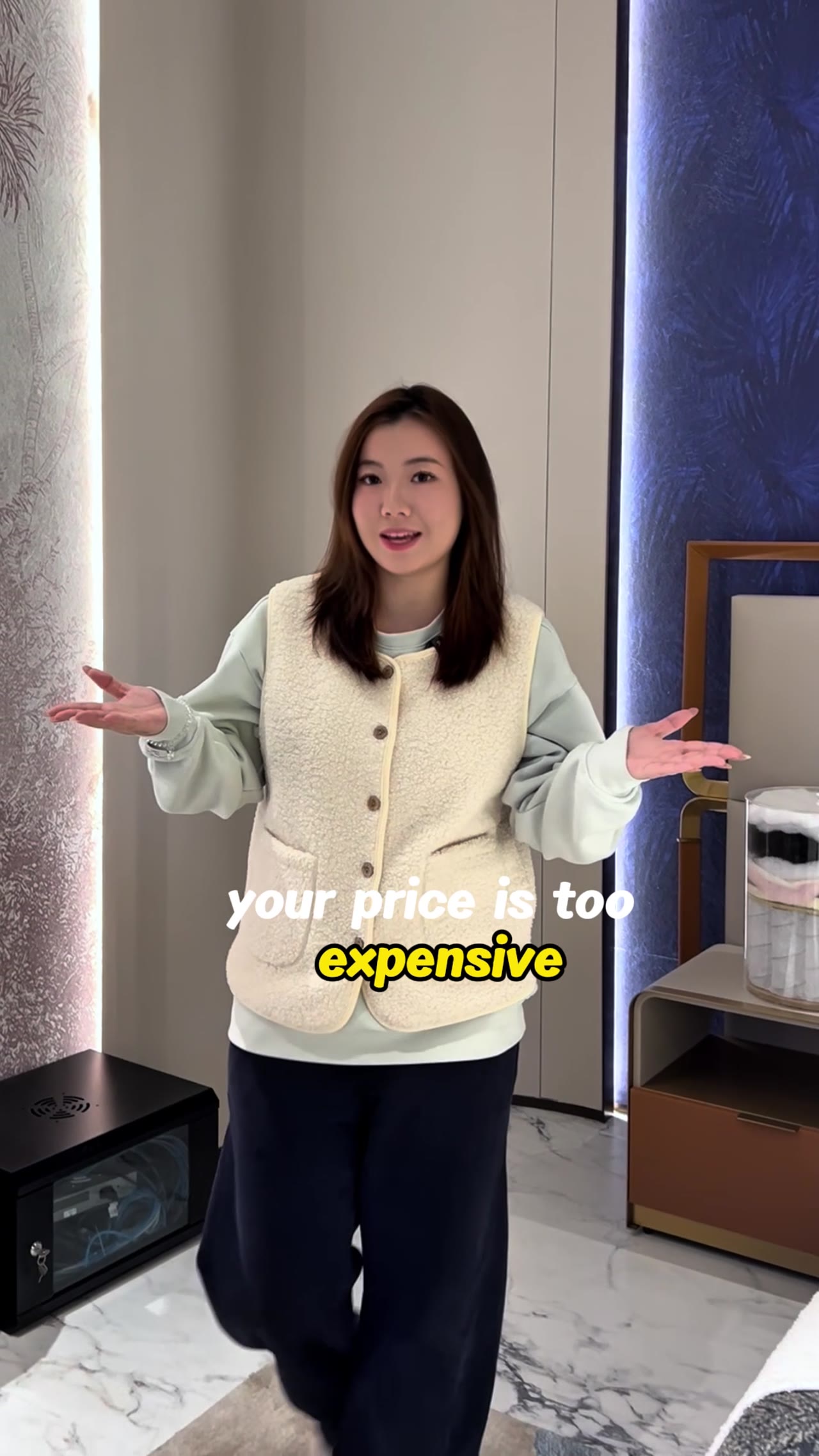Woman in showroom says price is too expensive, for furniture marketing