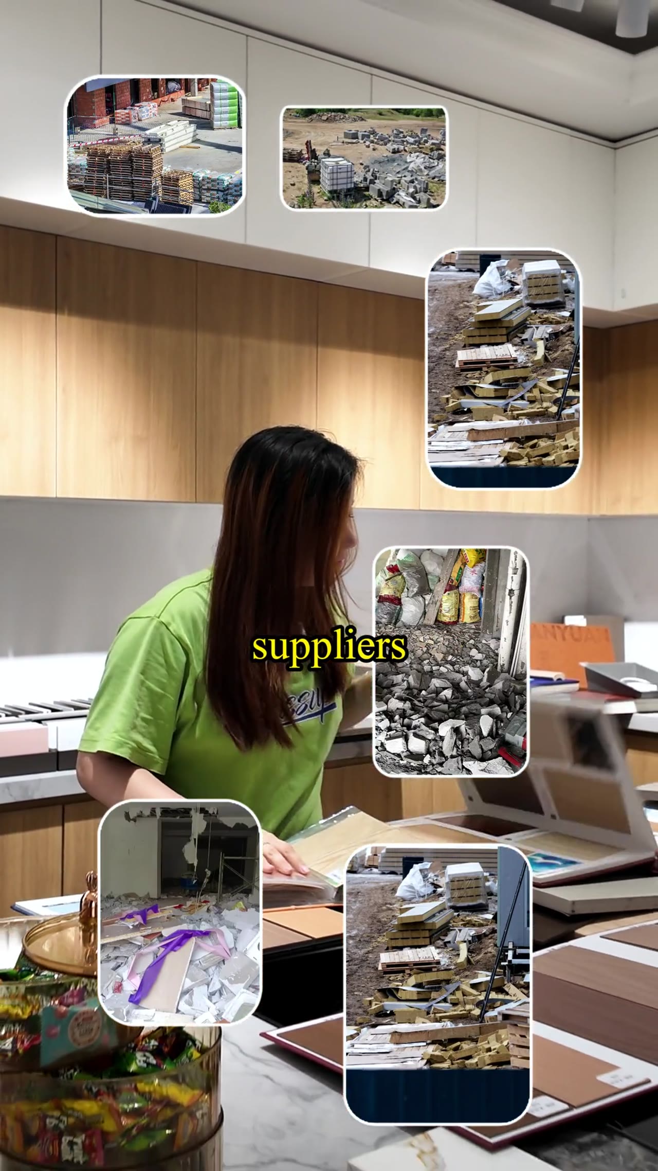 Woman presents furniture pieces in a modern showroom