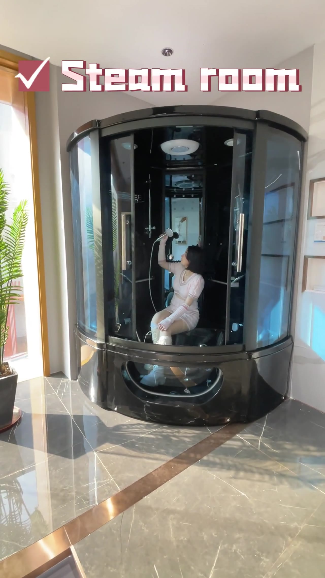 Woman presents furniture pieces in a modern showroom